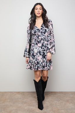 Oasis - Printed Pleated Skirt Long Sleeve Mini Dress - Multi-Color