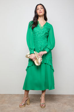 Oasis - Lace Puff Sleeve V-Neck Midi Dress - Green