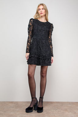 Oasis - Lace Trim Detail Tiered Fluted Sleeve Mini Dress - Black