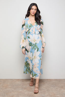 Oasis - Printed Pleated Bodice Detail Midi Dress - Blue