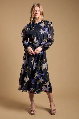 Oasis - Floral Organza Shirred Waist Midi Dress - Navy Blue