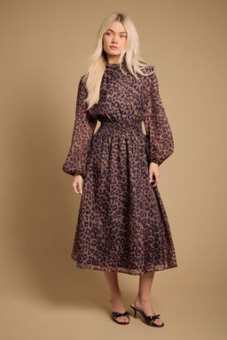 Oasis - Floral Organza Shirred Waist Midi Dress - Brown