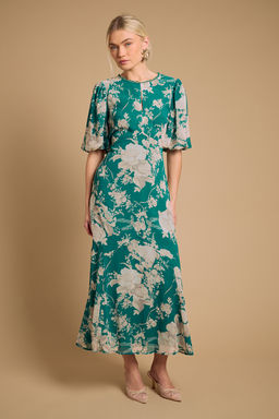 Oasis - Puff Sleeve Trim Detail Panelled Tea Dress - Green