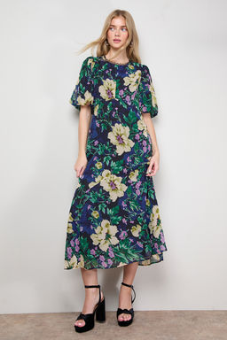 Oasis - Puff Sleeve Trim Detail Panelled Tea Dress - Navy Blue