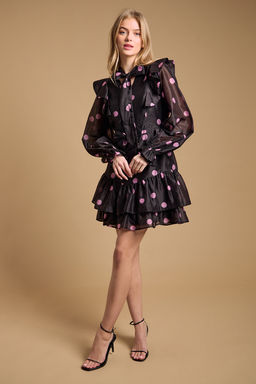 Oasis - Tie Neck Ruffle Fit and Flare Mini Dress - Black