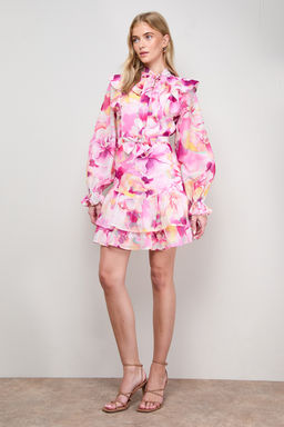 Oasis - Tie Neck Ruffle Fit and Flare Mini Dress - Purple