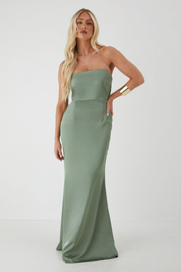 Misspap - Premium Satin Bandeau Overlay Bridesmaid Dress - Green