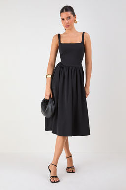 Misspap - Square Neck A Line Midi Dress - Black