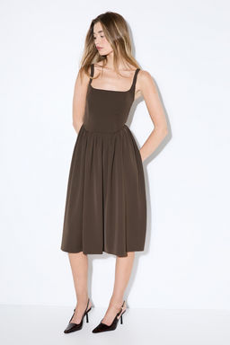 Misspap - Square Neck A Line Midi Dress - Brown