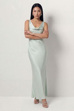 Misspap - Premium Satin Cowl Neck Fishtail Maxi Bridesmaid Dress - Green