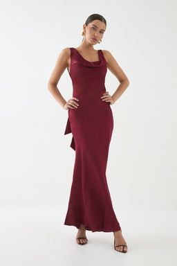 Misspap - Premium Satin Cowl Neck Fishtail Maxi Bridesmaid Dress - Wine