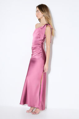 Misspap - Asymmetric Shoulder Bow Detail Bridesmaid Dress - Pink