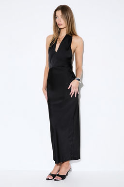 Misspap - Premium Satin Halterneck Cowl Back Bridesmaid Dress - Black