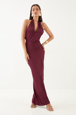 Misspap - Premium Satin Halterneck Cowl Back Bridesmaid Dress - Wine