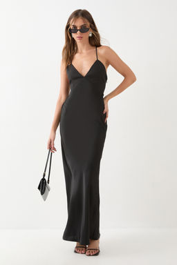 Misspap - Premium Bust Panel Satin Bias Maxi Bridesmaid Dress - Black