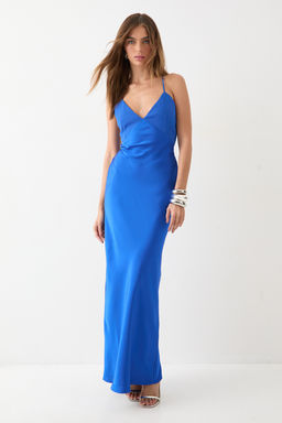 Misspap - Premium Bust Panel Satin Bias Maxi Bridesmaid Dress - Blue