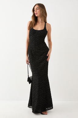 Misspap - Textured Floral Chiffon Bias Maxi - Black