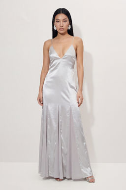 Misspap - Premium Satin Georgette Panel Midi Bridesmaid Dress - Silver