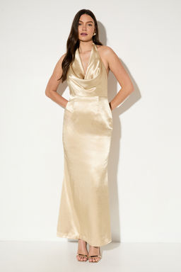 Misspap - Premium Plunge Cowl Open Back Satin Maxi Bridesmaid Dress - Gold