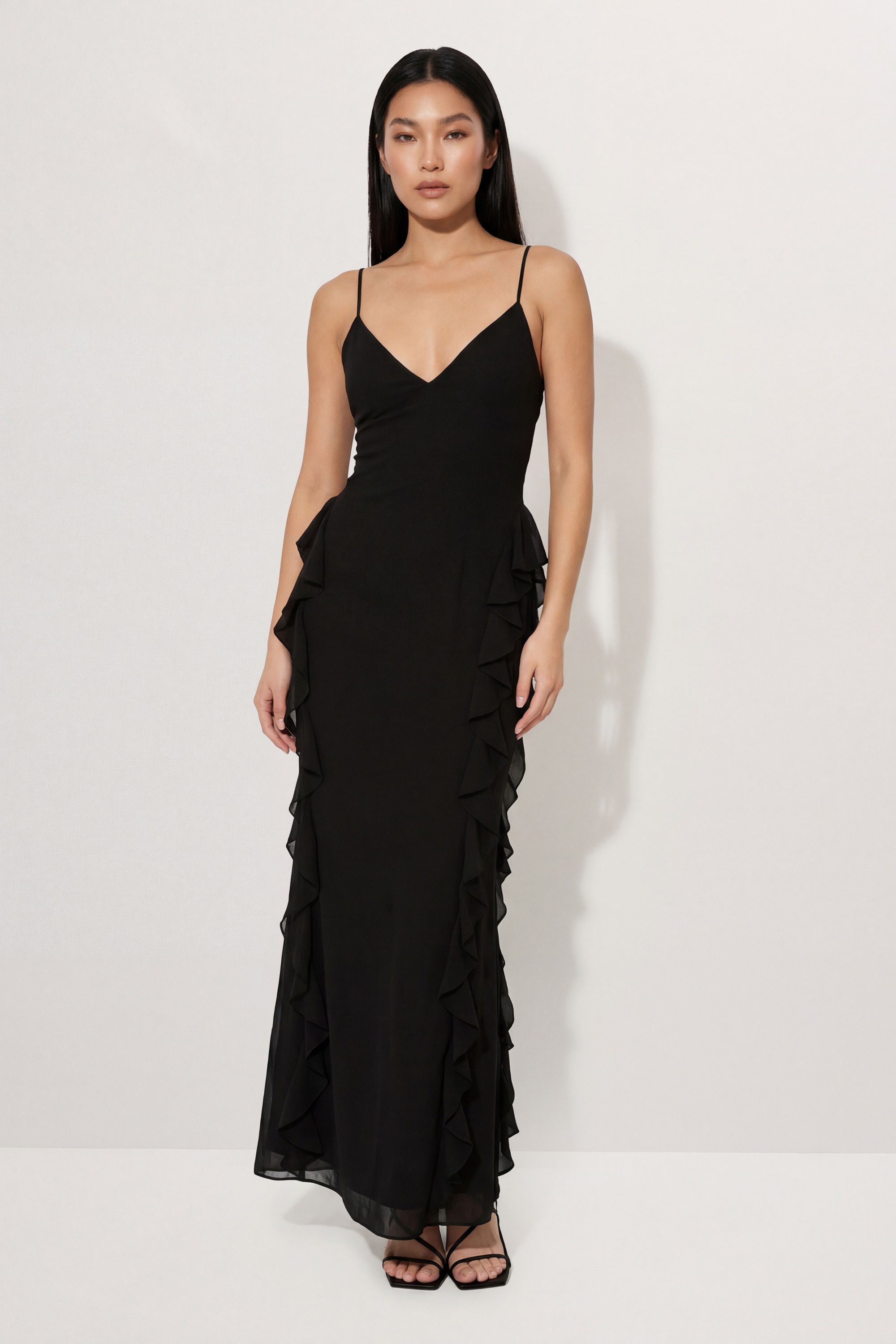 misspap Ruffle Detail Open Back Maxi Dress - Black-picture-28