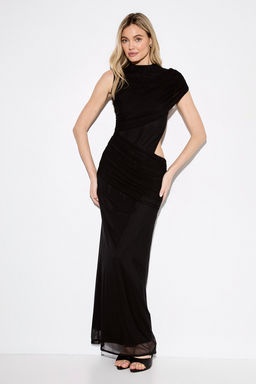 Misspap - Gathered Mesh Cut Out High Neck Maxi Dress - Black