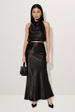 Misspap - Premium Satin Draped Crop Top - Black