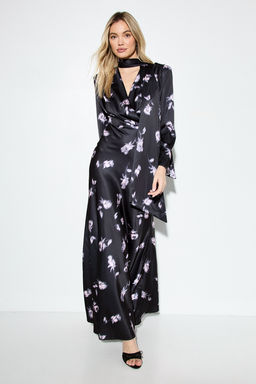 Misspap - Premium Floral Print Tie Neck Maxi Dress. - Black