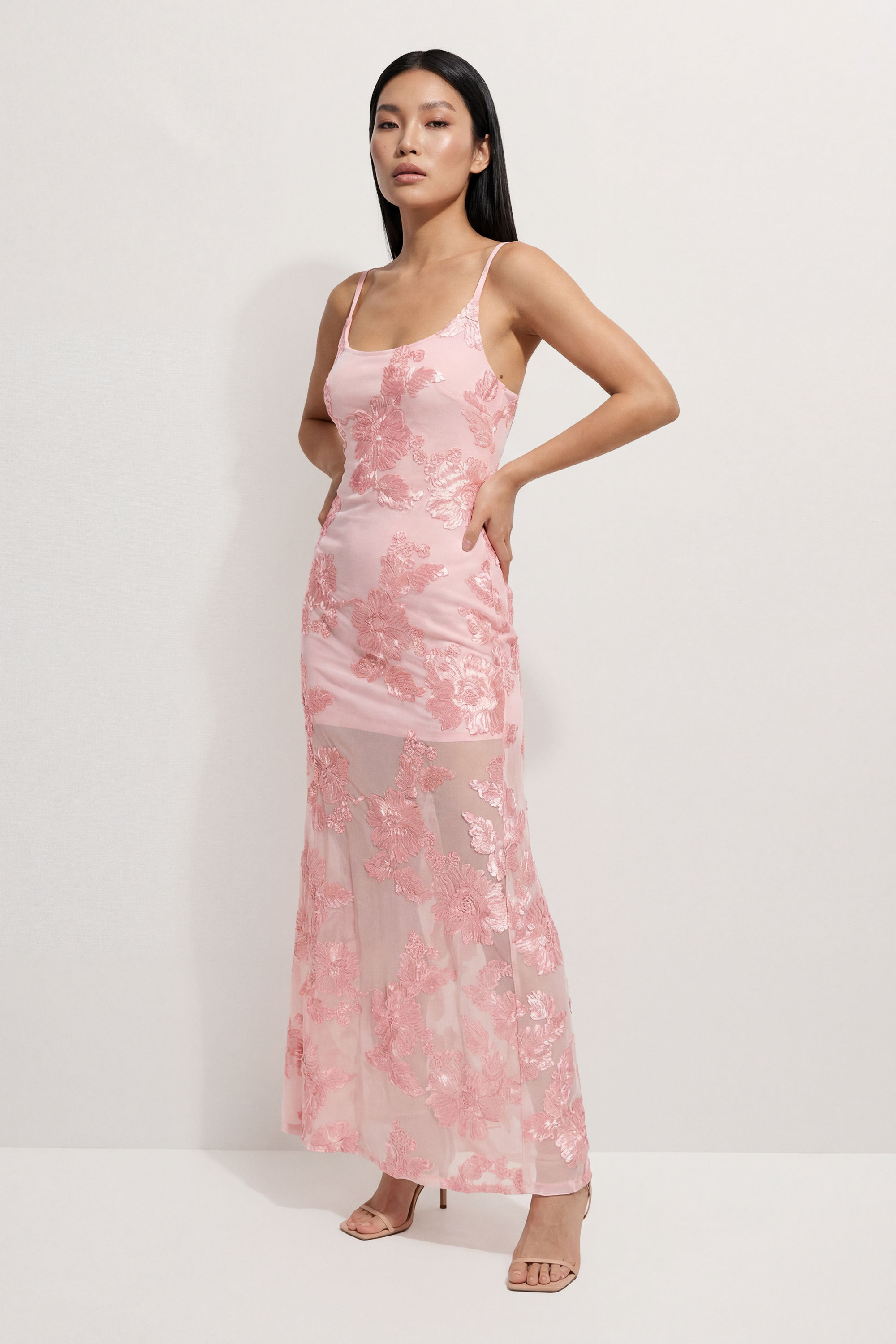 misspap Floral Textured Sheer Scoop Neck Bias Maxi - Pink-picture-27