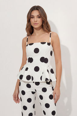 Misspap - Tailored Polka Dot Peplum Top - Multi-Color