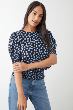 Dorothy Perkins - Blue Spot Shirred Hem Blouse - Black