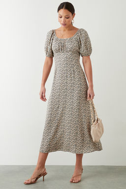 Dorothy Perkins - Ditsy Floral Ruched Scoop Neck Midi Dress - Ivory