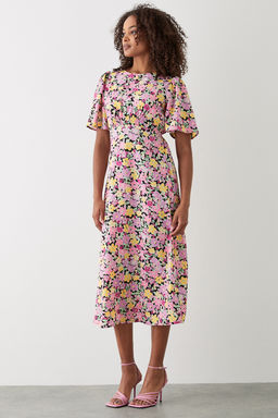 Dorothy Perkins - Pink Floral Flutter Sleeve Shirred Waist Midi Dress