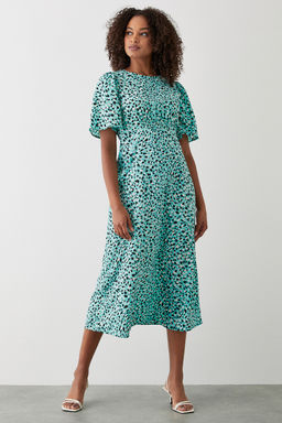Dorothy Perkins - Green Animal Flutter Sleeve Shirred Waist Midi Dress