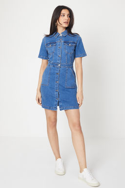 Dorothy Perkins - Denim Short Sleeve Mini Dress - Navy Blue
