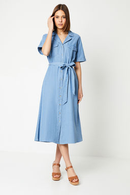 Dorothy Perkins - Denim Belted Button Through Midi Dress - Blue