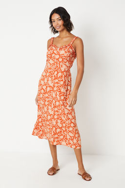 Dorothy Perkins - Floral Button Through Frill Neckline Midi Dress - Rust
