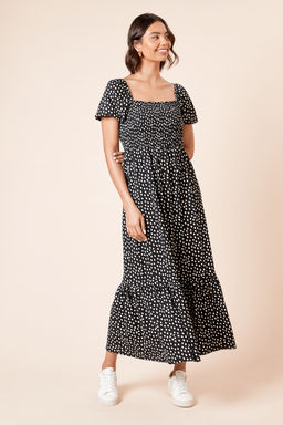 Dorothy Perkins - Short Puff Sleeve Spot Shirred Bust Maxi Dress - Black
