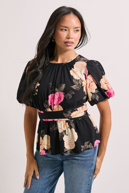 Dorothy Perkins - Black Floral Contrast Binding Peplum Top