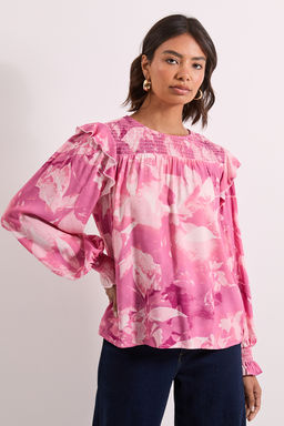 Dorothy Perkins - Pink Floral Shirred Yoke Frill Detail Top