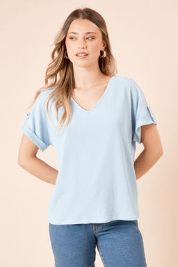 Dorothy Perkins - V Neck Roll Sleeve Jersey Top - Blue