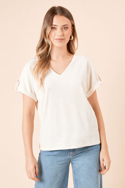 Dorothy Perkins - V Neck Roll Sleeve Jersey Top - Cream
