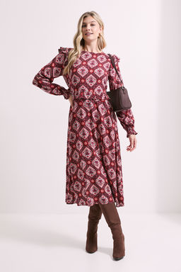 Dorothy Perkins - Frill Detail Long Sleeve Midi Dress - Multi-Color
