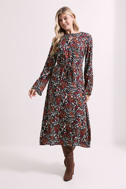 Dorothy Perkins - Keyhole Belted Long Sleeve Midi Dress - Multi-Color