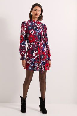 Dorothy Perkins - Shirred Neck Tie Waist Mini Dress - Multi-Color