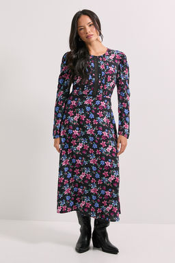 Dorothy Perkins - Black Floral Lace Detail Long Sleeve Printed Midi Dress - Multi-Color