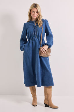 Dorothy Perkins - Bow Front Blouson Sleeve Denim Midi Dress - Blue