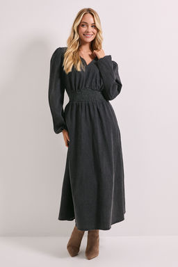 Dorothy Perkins - Shirred Waist Long Sleeve Denim Midi Dress - Grey