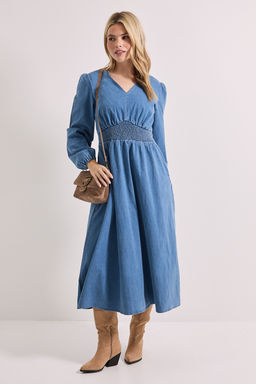 Dorothy Perkins - Shirred Waist Long Sleeve Denim Midi Dress - Blue