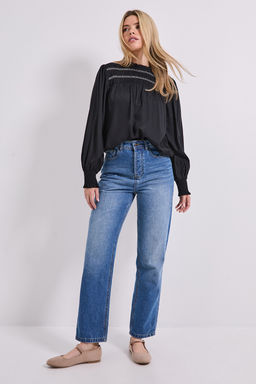 Dorothy Perkins - Contrast Stitching Shirred Yoke Long Sleeve Blouse - Black
