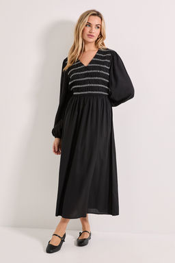 Dorothy Perkins - Contrast Stitching Shirred Bodice V-Neck Midi Dress - Black